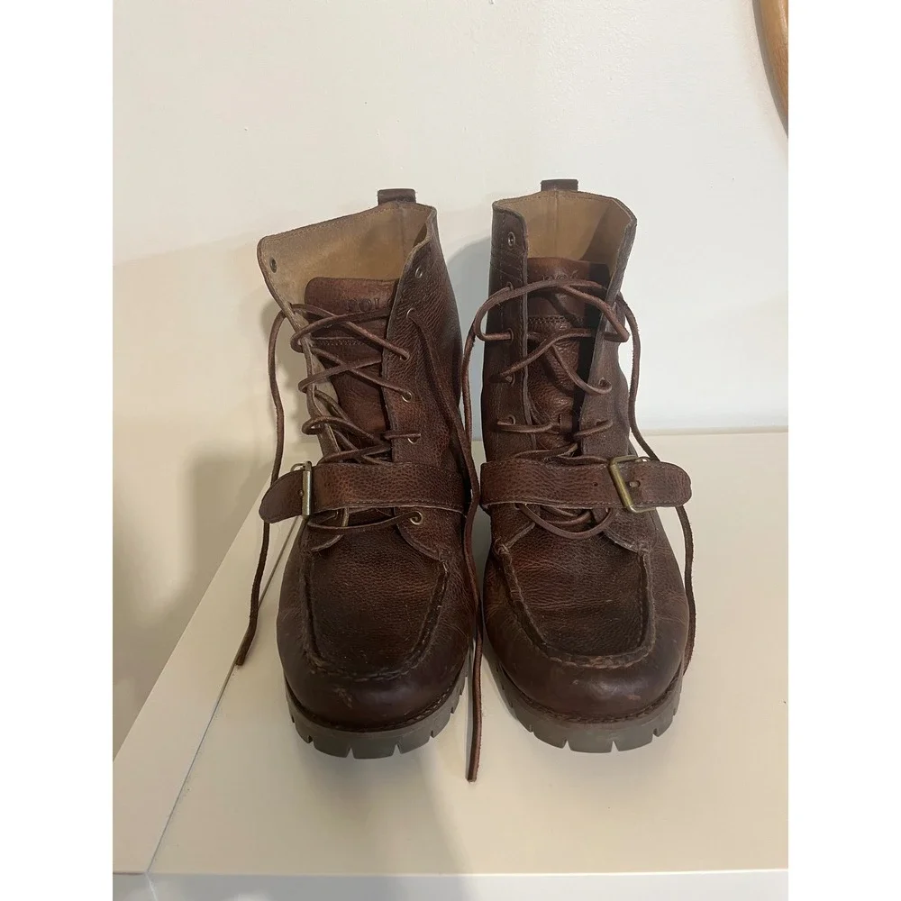 Polo Ralph Lauren Ranger Boots Mens Dark Brown Pebbled Leather Lug Sole Buckle